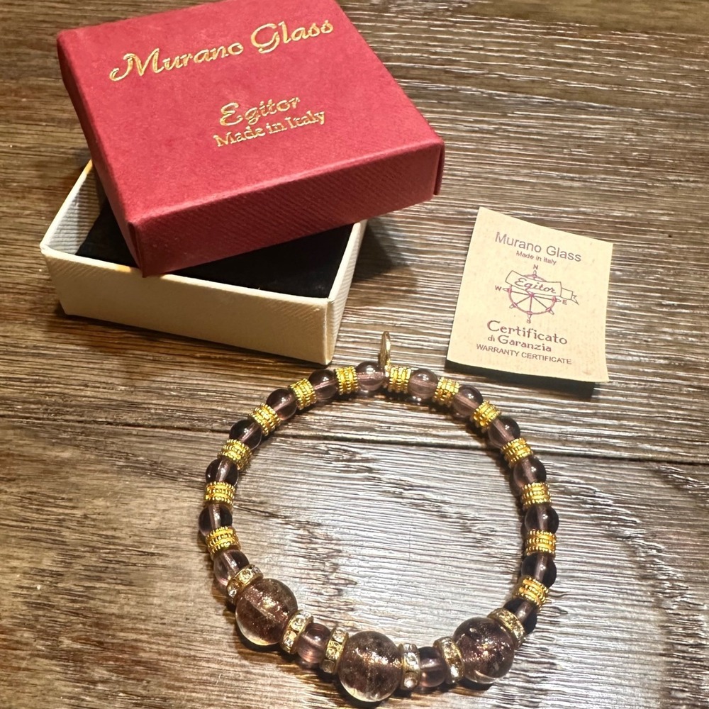 Egitore Murano Glass Beaded Bracelet Purple Gold Sparkles Italy Handmade
